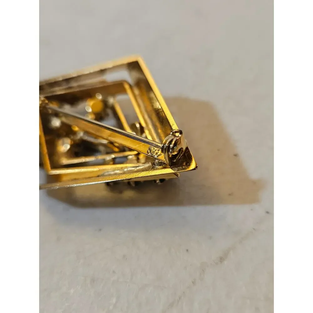 Vintage Black Rhinestone Geometric Gold Tone Brooch Art Deco Revival Pin